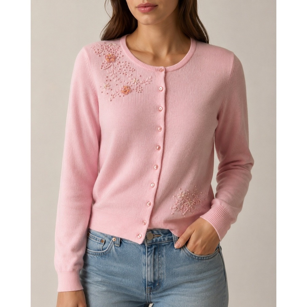 Pink Embroidered Sequin Beaded Floral Button Cardigan Sweater Soft Girl Vintage